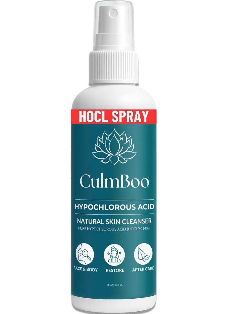 CulmBoo, Hypochlorous Acid Spray for Face & Skin - Acne Prone Skin, Eczema, Natural Tattoo Aftercare, Piercing Aftercare Spray, Eye Lash Cleanser, Face Mist Toner, Wound Care Cleanser, 8 Fl Oz 1 Pack