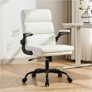 Office Chair Adjustable Desk Chair Mid Back Executive Comfortable Bonded Leather Ergonomic Back Support Home Computer Chair with Padded Flip-up Armrest Swivel Wheels (White)