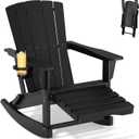Adirondack Rocking Chair with Retractable Ottoman,Outdoor Folding Adirondack Chair with Cup Holder,HDPE All-Weather Patio Lounge Chair for Porch,Lawn, Poolside, Black
