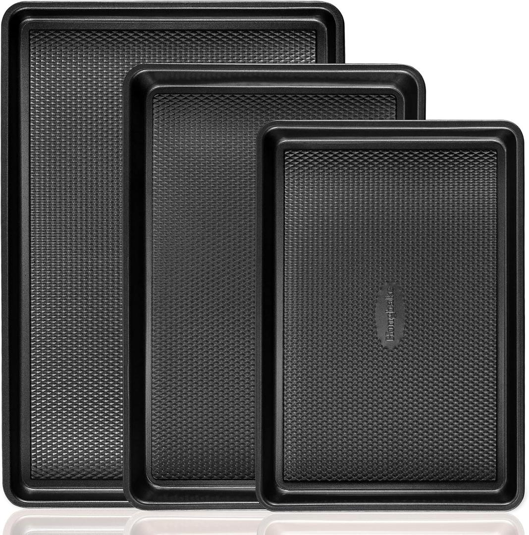 Cookie Sheets for Baking Nonstick - HONGBAKE Baking Sheet Pan Set of 3, Half/Quarter/Jelly Roll Pan for Oven with Diamond Texture Pattern, 57% Thicker Carbon Steel Cookie Trays, Dark Grey (Dark Gray)