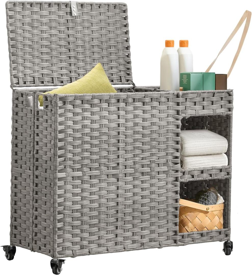 Laundry Hamper with Wheels, 42.3 Gal.(160 L) Laundry Sorter with Shelves, Rattan Clothes Hamper with 4 Removable Liners & 3 Mesh Bags, Handwoven Organizer for bedroom, bathroom, laundry room, Grey, 31.5"L x 13"W x 23.62"H