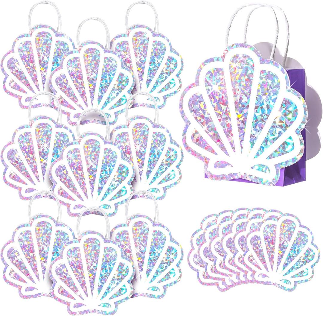 Locmeo 24 Pack Sea Shell Gift Bags Mermaid Goodie Bags Party Favor Iridescent with Handle for Under The Sea Party Summer Ocean Beach Birthday Wedding Shower Celebration Supply Decoration (Holographic)