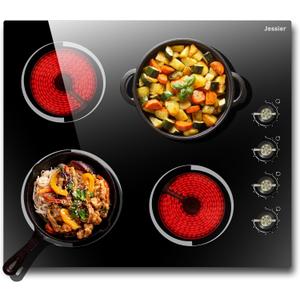 Electric Cooktop 24 Inch - 4 Burner Drop-in Radiant Electric Cooktop 6000W with Knob Control, 220-240V Electrical Ceramic Stove Top with 9 Heating Levels and Residual Heat Indication (No Plug)