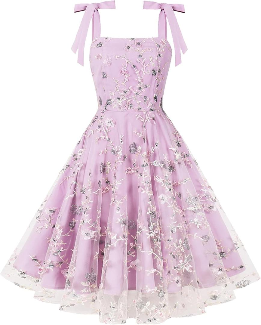 IMEKIS Women Square Neck Tie Strap Tulle Prom Dress Vintage Embroidered Floral Formal Evening Party Cocktail Dress (Medium, Lilac)