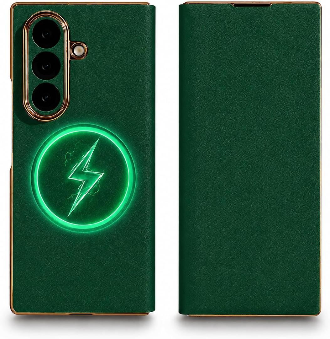 Galaxy Z Fold 6 Case Magnetic Flip Folding Case Compatible with MagSafe, Genuine Leather Slim Cover with Hinge Protection, Military-Grade Drop Protection (Green)