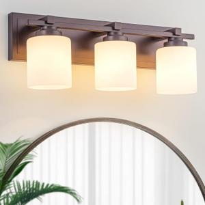 Modern Bathroom Light Fixtures Over Mirror, Vanity Lights for Bathroom Wall Sconces with Milky White Glass Shades, E26 Socket (Bulbs Not Included), 3 Light, Oil Rubbed Bronze, 19.68 inch-3-Light