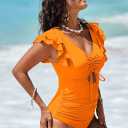 Sovoyontee Women's Ruffle One Piece Swimsuit Tummy Control Bathing Suits Drawstring Cutout V Neck Swimwear (Green, S)