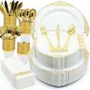 AIRE 175PCS Gold Plastic Plates for Party Supplies Dinnerware Sets for 25 Guests, Vintage Disposable Plastic Party Plates Cups Spoons Forks Knives Napkins for Wedding Birthday Christmas BBQ Parties