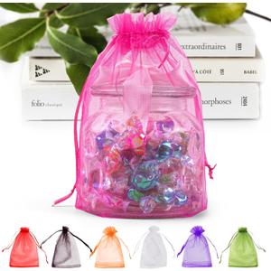 ANZNKU 50 Pack Hot Pink Organza Bags 6x9 inches, Jewelry Pouches Drawstring, Mesh Bags for Gifts Large Organza Bag for Wedding Party Christmas Favor