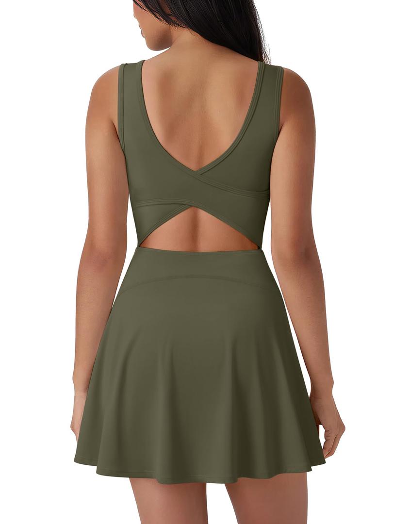 SUUKSESS Tennis Dress with Shorts Underneath Easy Peasy Athletic Dress for Women Golf Workout Active Dresses Sport Outfit Army Green (Green, M)