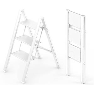 WOA WOA 3 Step Ladder, Foldable Step Stool, Aluminum Lightweight Ladder for Home Kitchen Closet, Anti-Slip Pedals, Ease of Folding, Portable, 300lbs Capacity - White