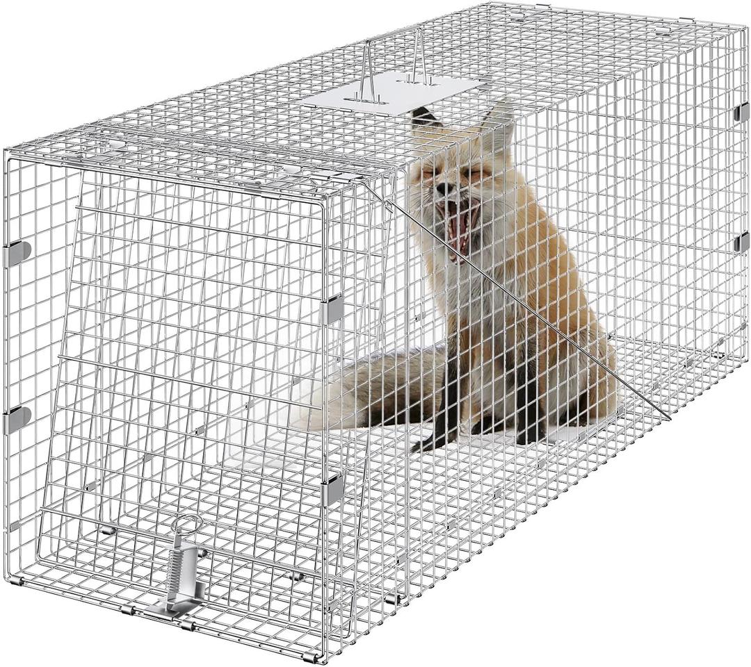 VEVOR Live Animal Cage Trap, 42" x 16" x 18" Humane Cat Trap Galvanized Iron, Folding Animal Trap Cage with Handle for Stray Dogs, Armadillos, Raccoons, Foxes