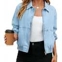 Yeokou Women's Cropped Zip Up Denim Bomber Jacket Elastic Hem Cuffs Stretch Jean Coat for Casual Daily & Commute M