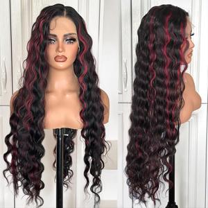 X-TRESS Red Highlight wig Synthetic Lace Front Wigs 30 Inch Loose Deep Wave Lace Frontal Wigs Pre Plucked Natural Black Deep Wave Wigs with Burgundy Highlight for Black Women with Baby Hair