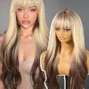 KOME Ombre Blonde Brown Wigs with Bangs,Blonde Layered Wig for Women,Long Wavy Wigs Synthetic Hair Wig for Party Daily Use 26IN