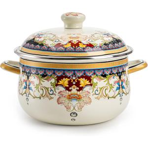 ZENFUN Kitchen Enamel Stockpot with Lid, 3.5 Quart Retro Flower Stew Bean Cooking Pot, Vintage Thicken Soup Pot with Handles, Nonstick, Safe for Induction Cookers, Gas Stove