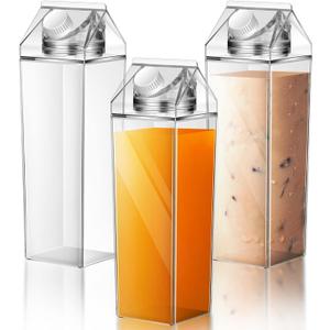 Remerry 3 Pcs Milk Carton Water Bottle Square Plastic Coffee Portable Reusable Milk Carton Cup Leakproof Juice Bottle (Clear)