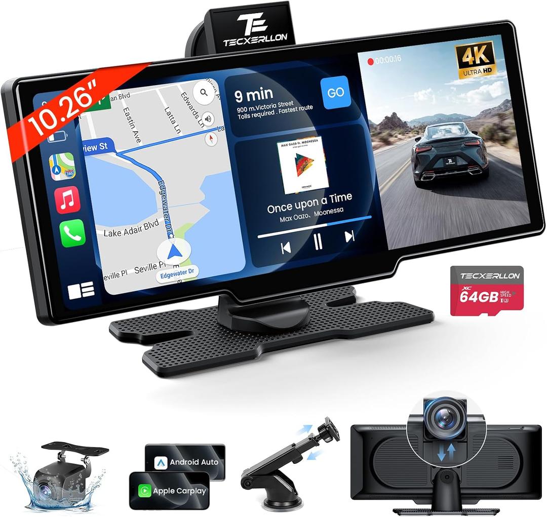 TECXERLLON 10.26" Portable Apple CarPlay Screen for Car, Wireless Car Play & Android Auto, 4K Dash Cam and 1080P Backup Camera, OTA, GPS Navigation, Voice Control, Mirror Link