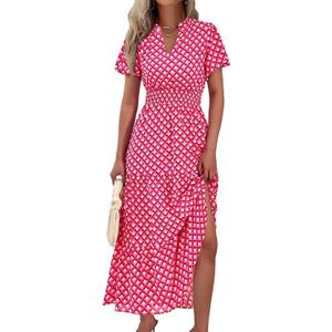 MASCOMODA Summer Maxi Dresses for Women 2025 Casual V Neck Puff Short Sleeve Smocked Flowy Beach Boho Long Floral Dress (XX-Large)