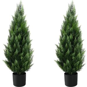 3FT Artificial Topiary Tree Beautiful Realistic Faux Cedar Pines Christmas Trees UV Rated Fake Shrubs for Front Porch Faux Plants Indoor and Outdoor Decor (2 Pack)