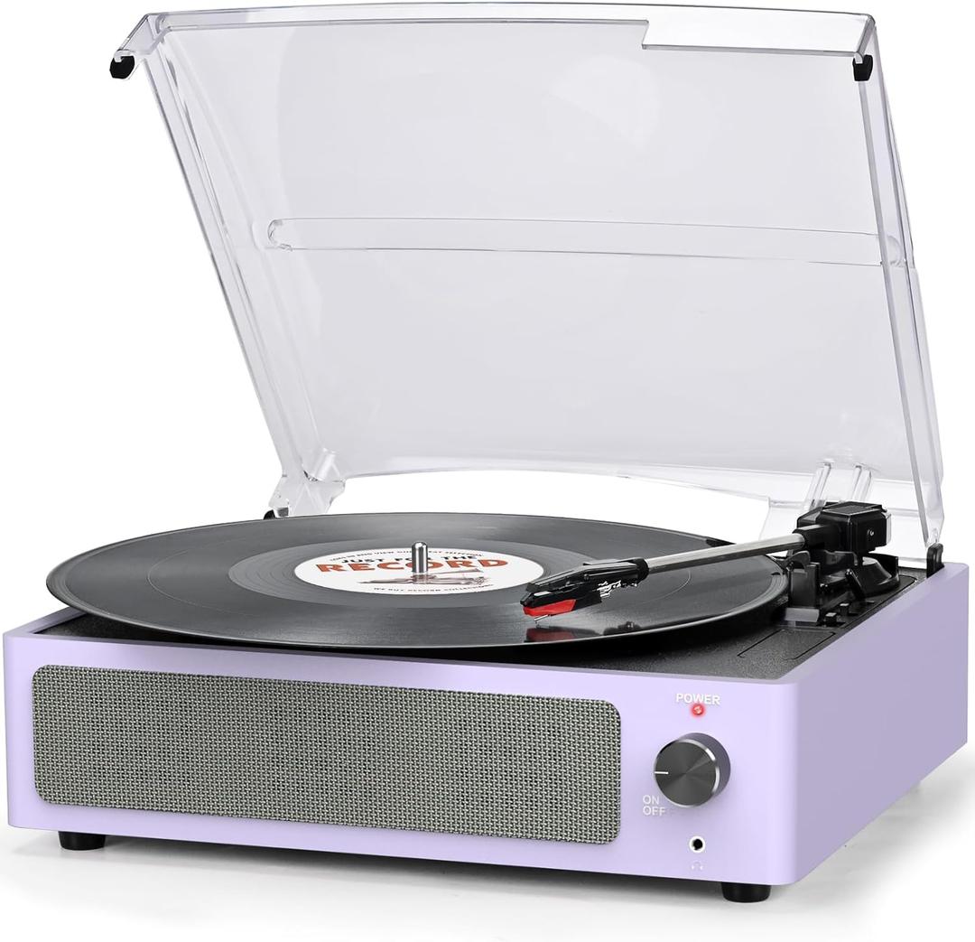 Record Player for Vinyl All-in-one Turntable with Speakers Belt-Driven Turn Table 3-Speed 3 Size 33 1/3 45 78 RPM BT Wireless Headphone AUX-in RCA LP Phonograph Auto Stop New Sleek Light Pale Purple