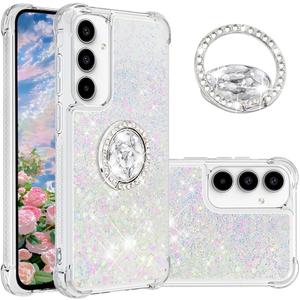 Fofvccv Liquid Glitter Case for Samsung Galaxy A36 5G, Sparkly Quicksand Protective Phone Cover with Rotatable Ring Stand and Shockproof Soft TPU Bumper for Galaxy A36 – LSZ White