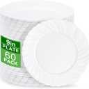U-QE 60 Pieces White Plastic Plates - 9 Inch White Disposable Plates - Washable & Reusable - Premium Hard Plates - Party Supplies for Birthdays, Celebrations, Travel, Wedding, Party and Events