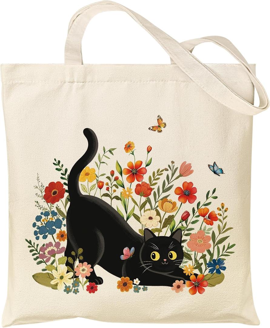 Nuberlic Canvas Tote Bag for Women with Zipper Inner Pocket- Reusable Grocery Shopping Cloth Cotton Canvas Tote Bags (Cat)