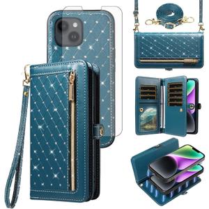 Phone Case for iPhone 14 6.1 inch Zipper Wallet Detachable Magnetic Cell Cover with Screen Protector Crossbody Lanyard Strap Bling Glitter Flip Credit iPhone14 5G i i-Phone i14 14Case Women Dark Green