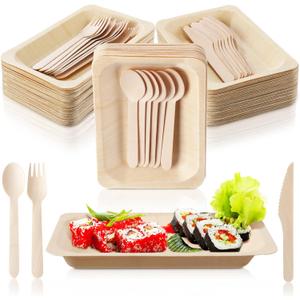 Hoolerry 50 Sets Disposable Bamboo Plates Set 8 x 5.5 Inch Palm Leaf Plates and Cutlery (Forks, Knives, Spoons) Disposable Wooden Bowls for School Classroom Party