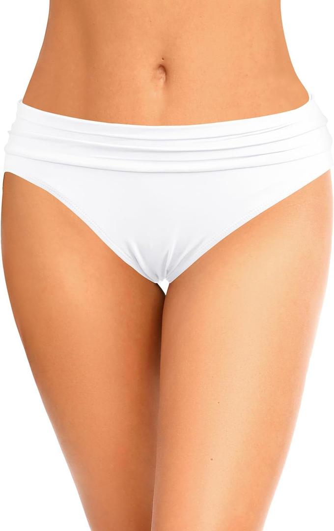 Zmart Women Full Coverage Ruched Bikini Bottoms Tummy Control Swim Bottoms Scrunch Ruffle Bathing Suit Bottom (White, M)