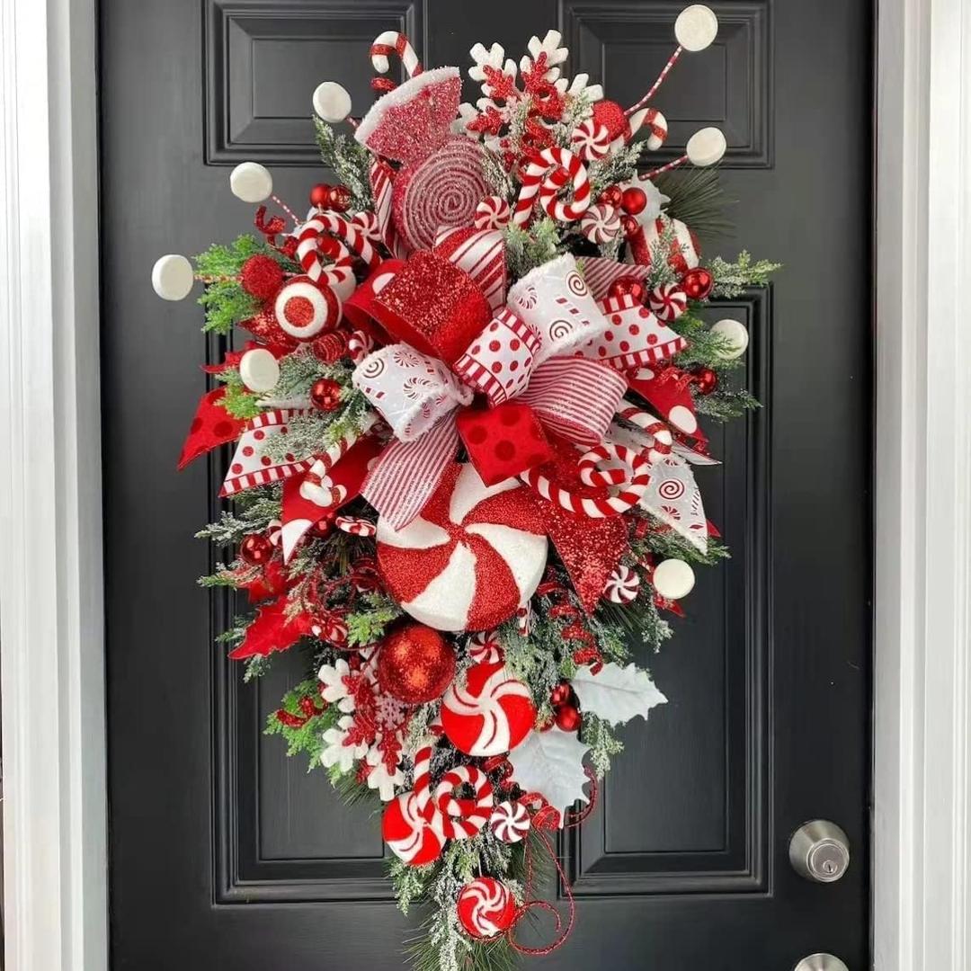 Christmas Candy Cane Wreath for Front Door - Red and White Teardrop Holiday Decor with Ball Ornaments, Indoor Outdoor Christmas Garland for Stairway, Home & Party Decorations (1pc)
