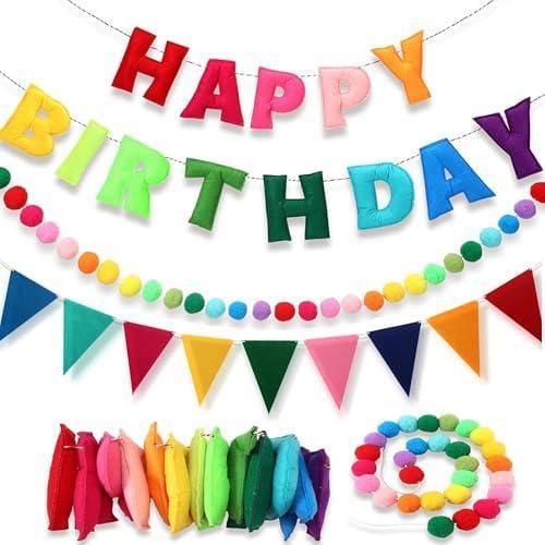 Happy Birthday Banner Pre-Strung Felt Birthday Banner with Rainbow Felt Ball Garland, Reusable Happy Birthday Decorations for Party & Room Decor, Birthday Party Decorations for Women Men Boys Girls
