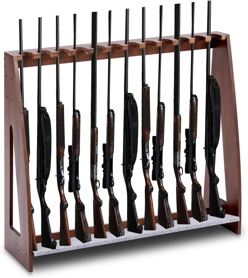 Yousoontic Indoor Gun Racks, Floor Standing Rifle Rack Wooden Freestanding Vertical Shotgun Display Stand with Soft Padding Safe Heavy Duty Gun Storage for Home Garage Office (Hold 12 Guns, Walnut)