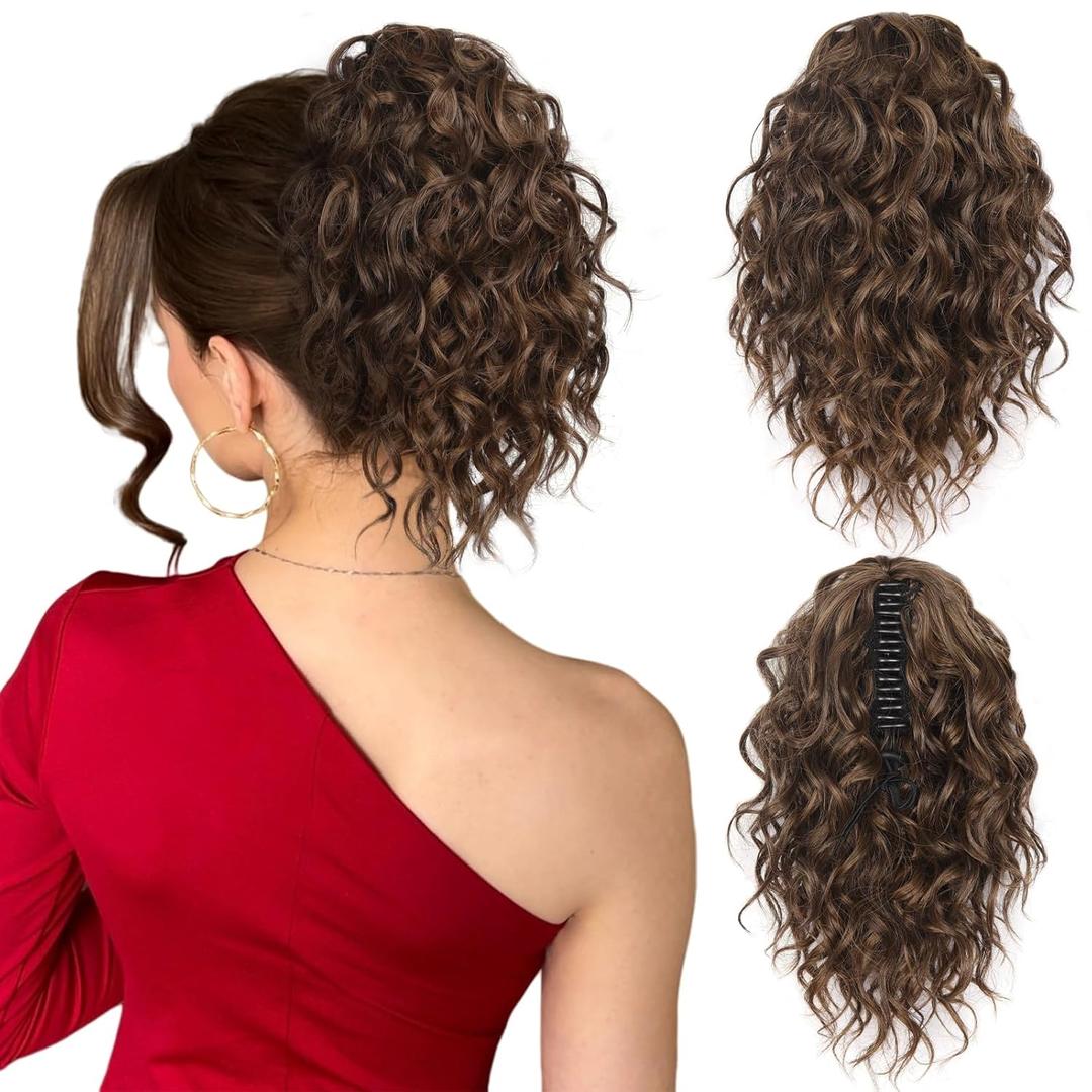 12 Inch Clip in Ponytail, Claw Clip Ponytail Extension, Curly Pony Tails Hair Extensions, Natural Synthetic Hair Extensions Ponytail, Clip On Ponytails for Women (Color: Brown Mix Orange Brown)