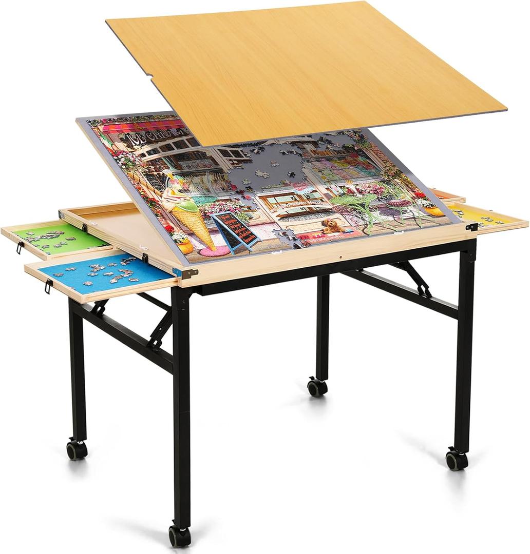 Puzzle Table with Drawers and Folding Metal Legs 1500 Pieces Jigsaw Puzzle Table with Cover 3-Tilting-Angle Portable Wooden Jigsaw Puzzle Board Easy to Move Birthday Gift for mom