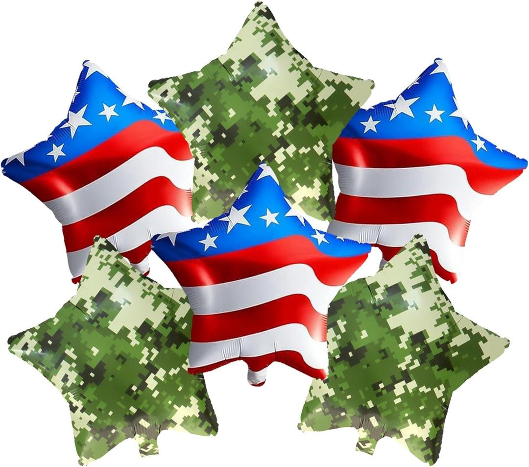 6 Pcs Marines Camouflage Star Foil Balloons/18Inch Military Camo Balloon/Marine Party Decorations/Veteran & Military Send-Off Party/USA 250/Independence Day Celebrations/Memorial Day