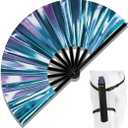13" Large Folding Rave Fan with Holster, Clack Hand Fans Foldable for Line Dancing, Boots On The Ground Fan for Women Men Festival EDM Party Decoration, Holographic Blue
