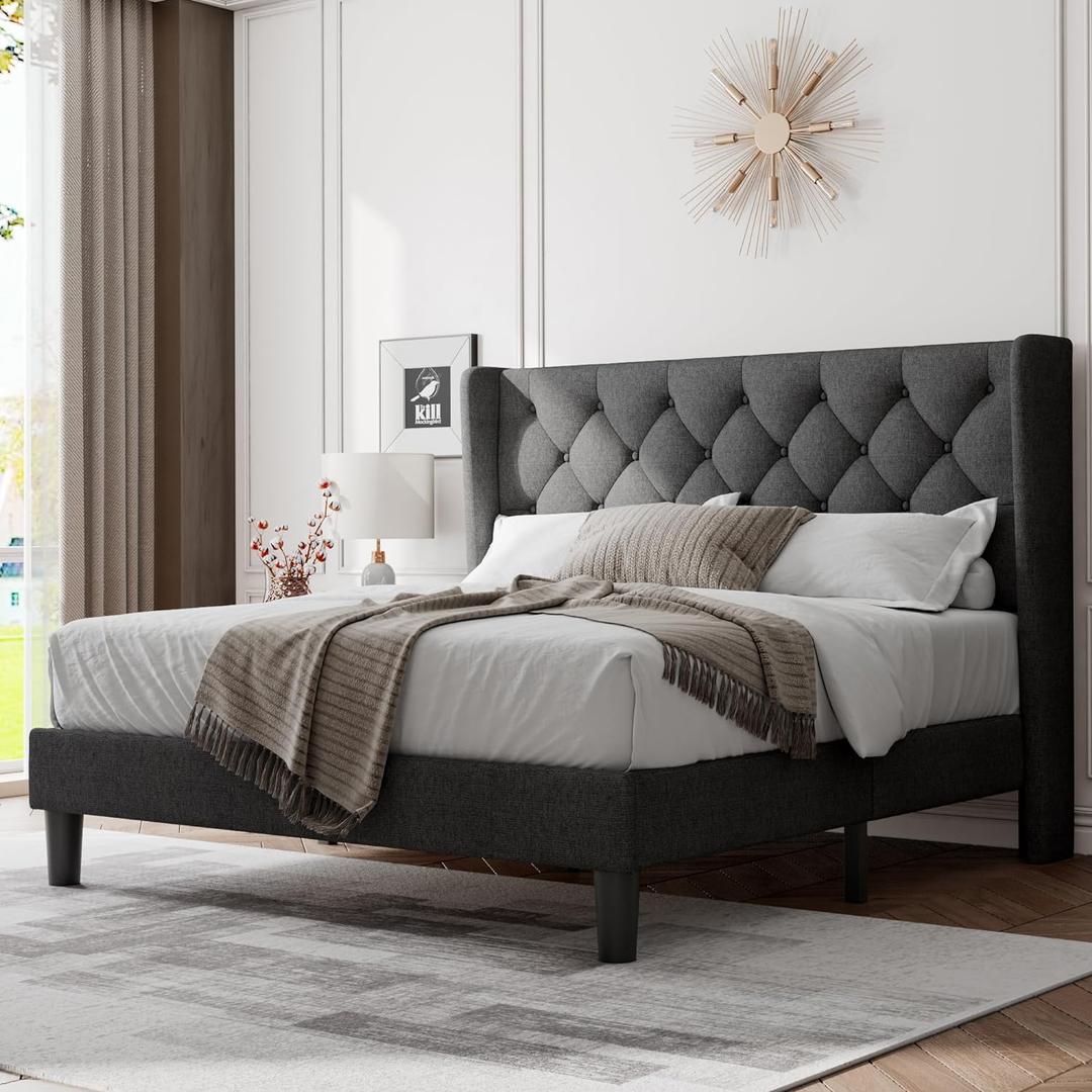 Feonase Queen Size Bed Frame with Diamond Tufted Wingback Headboard, Morden Upholstered Platform Bed, Sturdy Wooden Slats Support, Noise-Free, No Box Spring Needed, Easy Assembly, Dark Gray