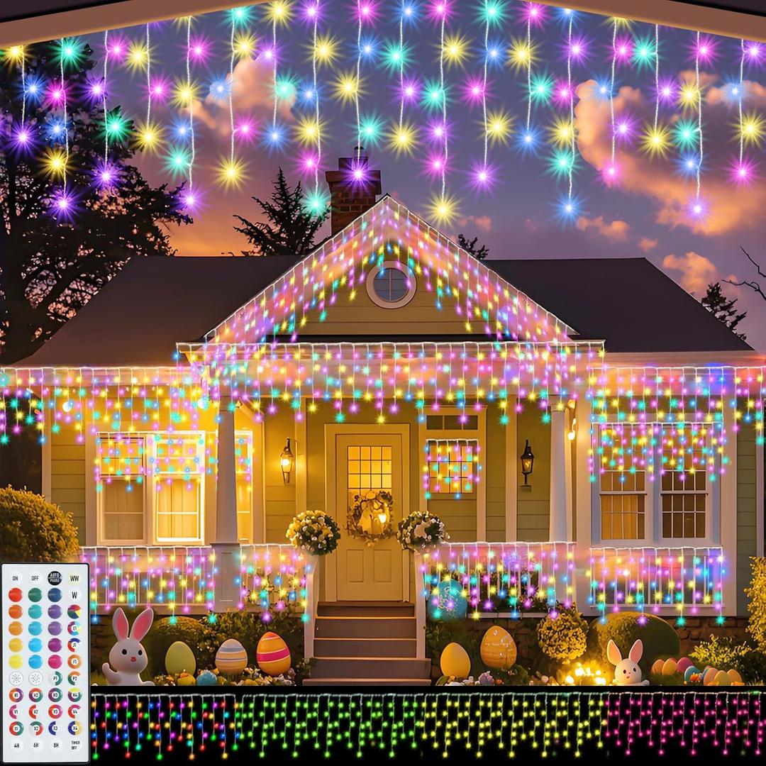 Pooqla Color Changing Christmas Icicle Lights with Remote, 35 Colors 9 Modes String Lights Outdoor, 240 LED 38.5 FT RGB Waterproof Hanging Lights for Roof Window Home Party Easter Decor