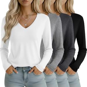 Oakgarden 4 Pack Women's Long Sleeve T-Shirts V Neck Basic Tees Curved Hem Casual Tops Loose Fit Fall Outfits(White, Light Gray, Dark Gray, Black,Medium)