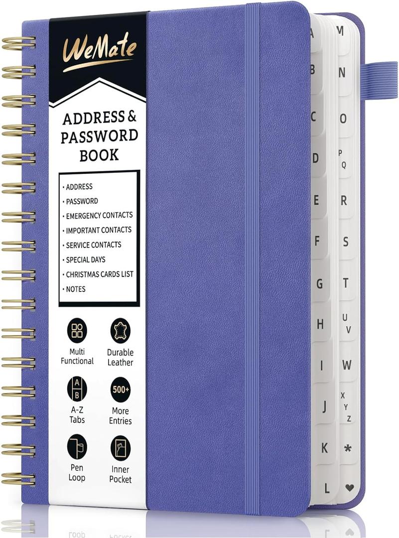 WEMATE Spiral Address Book with Alphabetical Tabs, Leather Password Book, Address Organizer Telephone Notebook Journal Keep Contact Safe Hardcover Large Print for Seniors Home Office 5.88.2, Purple