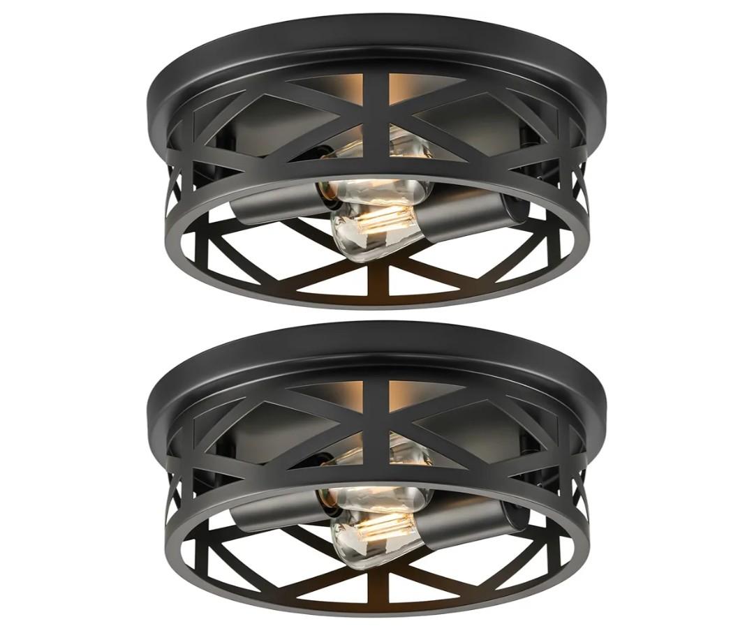 VONLUCE Flush Mount Ceiling Lights, 2-Light Hallway Ceiling Lighting Fixtures, 11 inch Farmhouse Metal Cage Ceiling Lights for Entryway Kitchen, Adjustable Lamp Holders, ETL, 2 pcs, Black