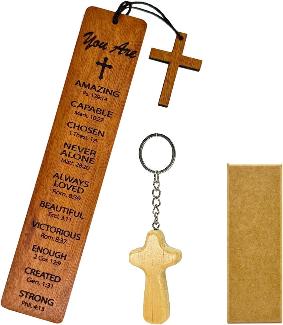 Bible Bookmark with Wooden Cross Keychain, Christian Gifts Set for Baptism, Confirmation or Christmas, Wood Scripture Bookmark with 10 Affirmations, Inspirational Gift for Women, Men