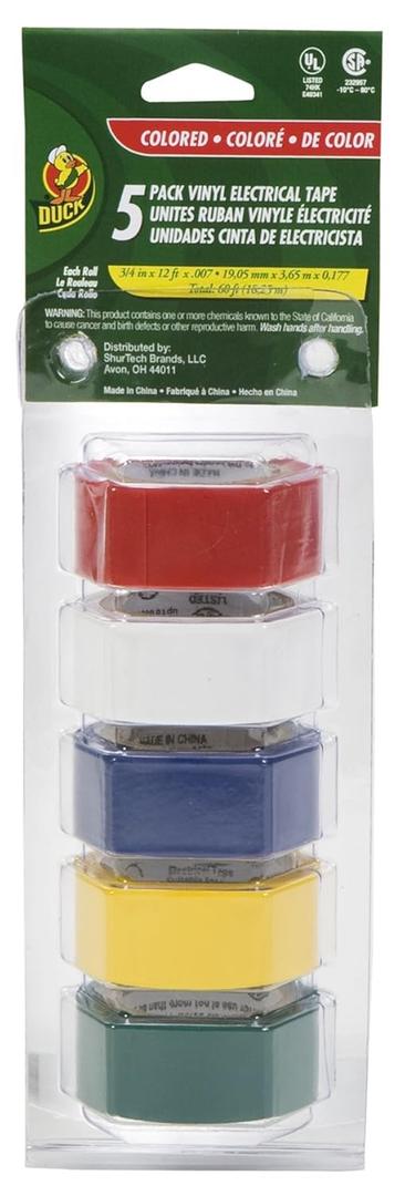 Duck Brand Multi-Purpose Electrical Tape, 0.75-Inch-by-12-Feet, 5-Rolls, Assorted, 5-Pack, Colors May Vary, 60 Foot (280303)