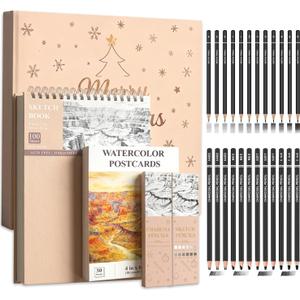 SuFly Sketchbook and Pencils Sets, Sketch Supplies Complete: Sketchbook 9x12, Watercolor Postcards, Graphite (12B-4H), Charcoal Pencils (Hard/Medium/Soft), Sketching Kit for Kids 9-12.