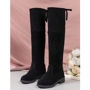 1 Pair Girls' Solid Color Suede Over-The-Knee Boots, Round Toe, Low Chunky Heel, Lace-Up Back, Elastic, Versatile For Daily Wear, 38