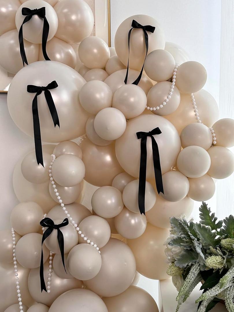 185pcs Double Stuffed White Sand Balloon Arch kit with Black Bows, Pearl White Balloons Different Sizes 18" 12" 10" 5" for Birthday Wedding Bridal Shower Party Baby Shower Decoration