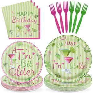 96Pcs A Tiny Bit Older Birthday Decorations Martini Plates and Napkins Tableware Sets Green Pink Martini Bar Decorations for Women Bachelorette Happy Birthday Supplies Serves 24