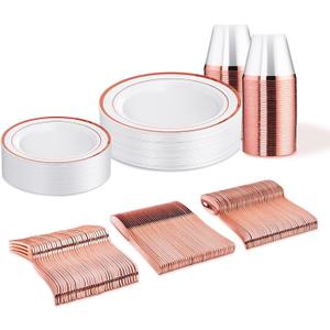 WELLIFE 150 PCS Rose Gold Disposable Dinnerware Set for 25 Guests, Valentine's Day Plate, 25 Dinner & Salad Plates, Cups, Forks Knives Spoons for Wedding Reception and Mothers Day Plates